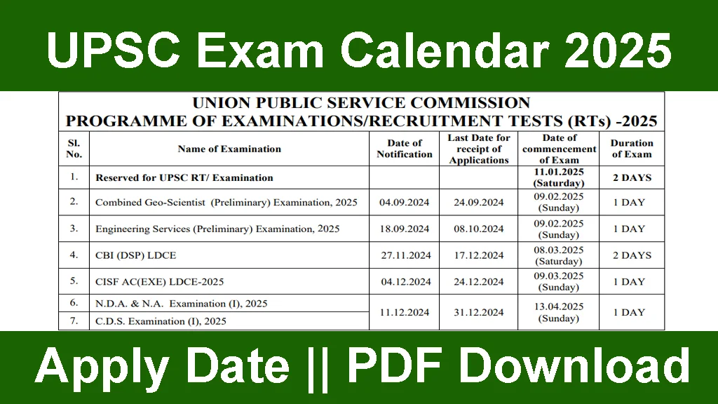 UPSC ANNUAL CALENDAR 2025 - PDF Download